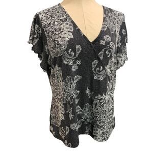 Large Laura Ashley Womens Lined V-Neck Shirt Lace Print Lined Black